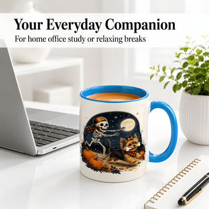 #pl[11oz|Blue] Midnight Yorkie Skeleton Ceramic Mug, Halloween Art for Dog Lovers