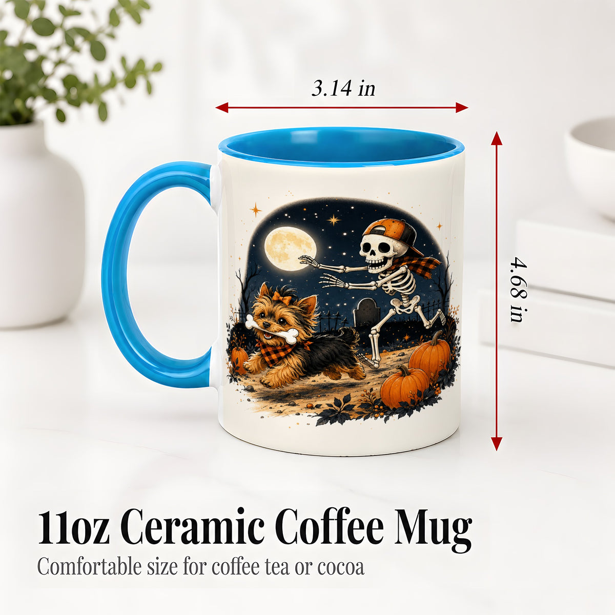 #pl[11oz|Blue] Midnight Yorkie Skeleton Ceramic Mug, Halloween Art for Dog Lovers