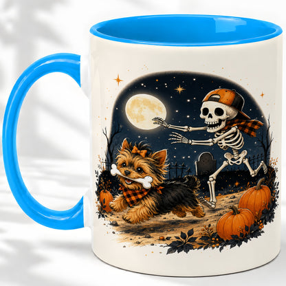 #pl[11oz|Blue] Midnight Yorkie Skeleton Ceramic Mug, Halloween Art for Dog Lovers