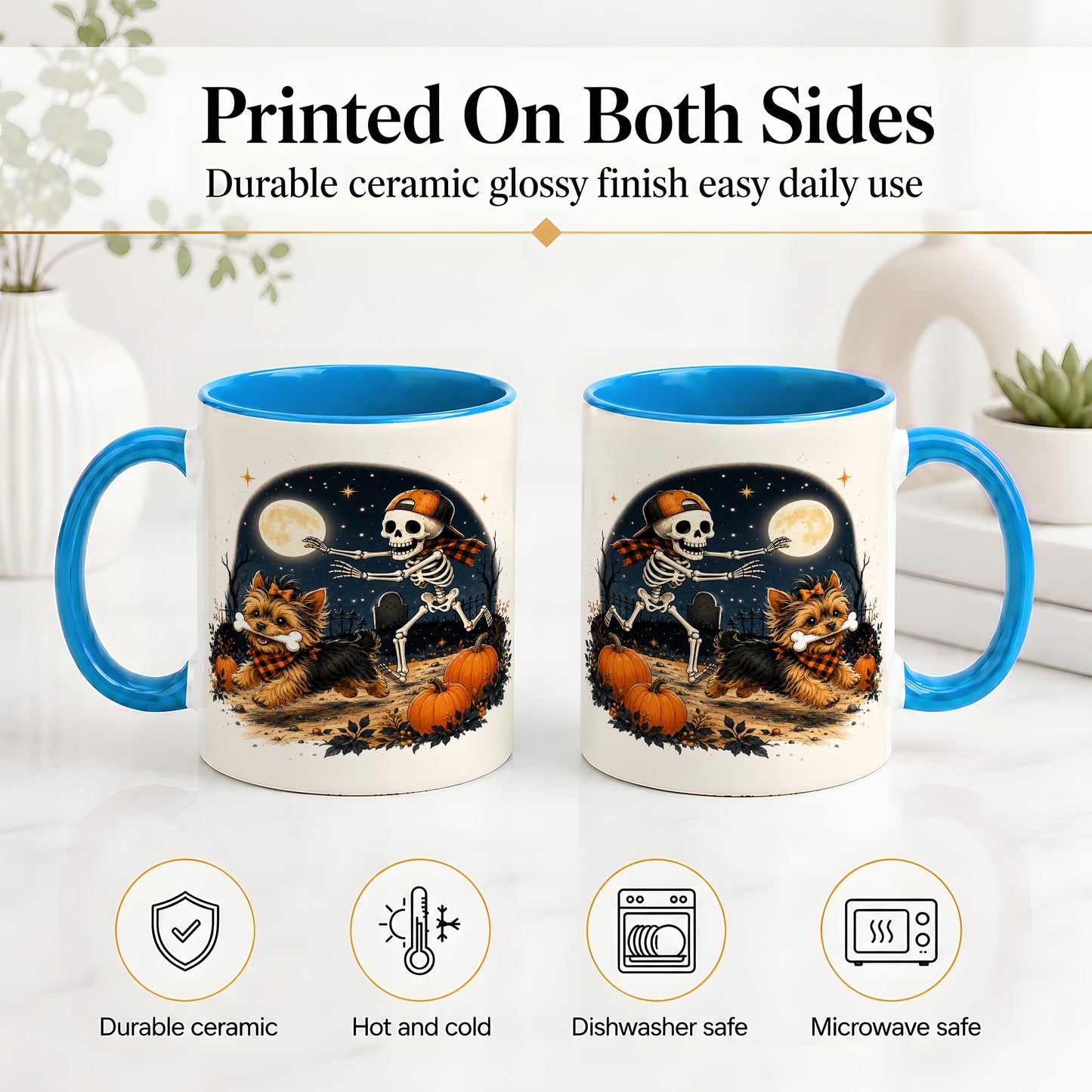 #pl[11oz|Blue] Midnight Yorkie Skeleton Ceramic Mug, Halloween Art for Dog Lovers