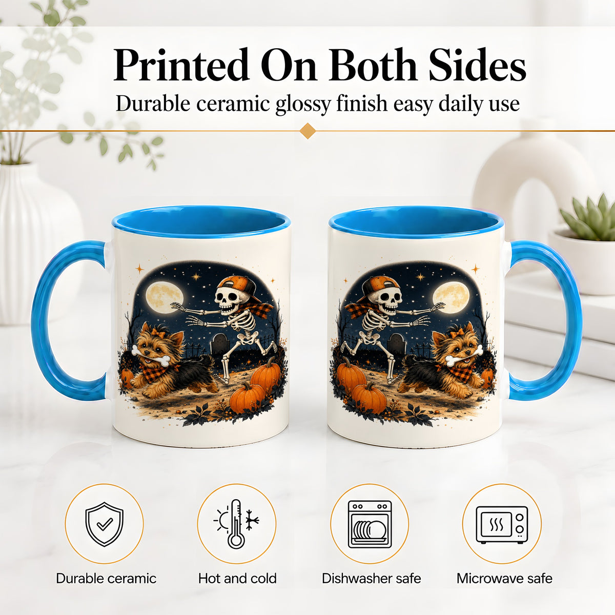 #pl[11oz|Blue] Midnight Yorkie Skeleton Ceramic Mug, Halloween Art for Dog Lovers