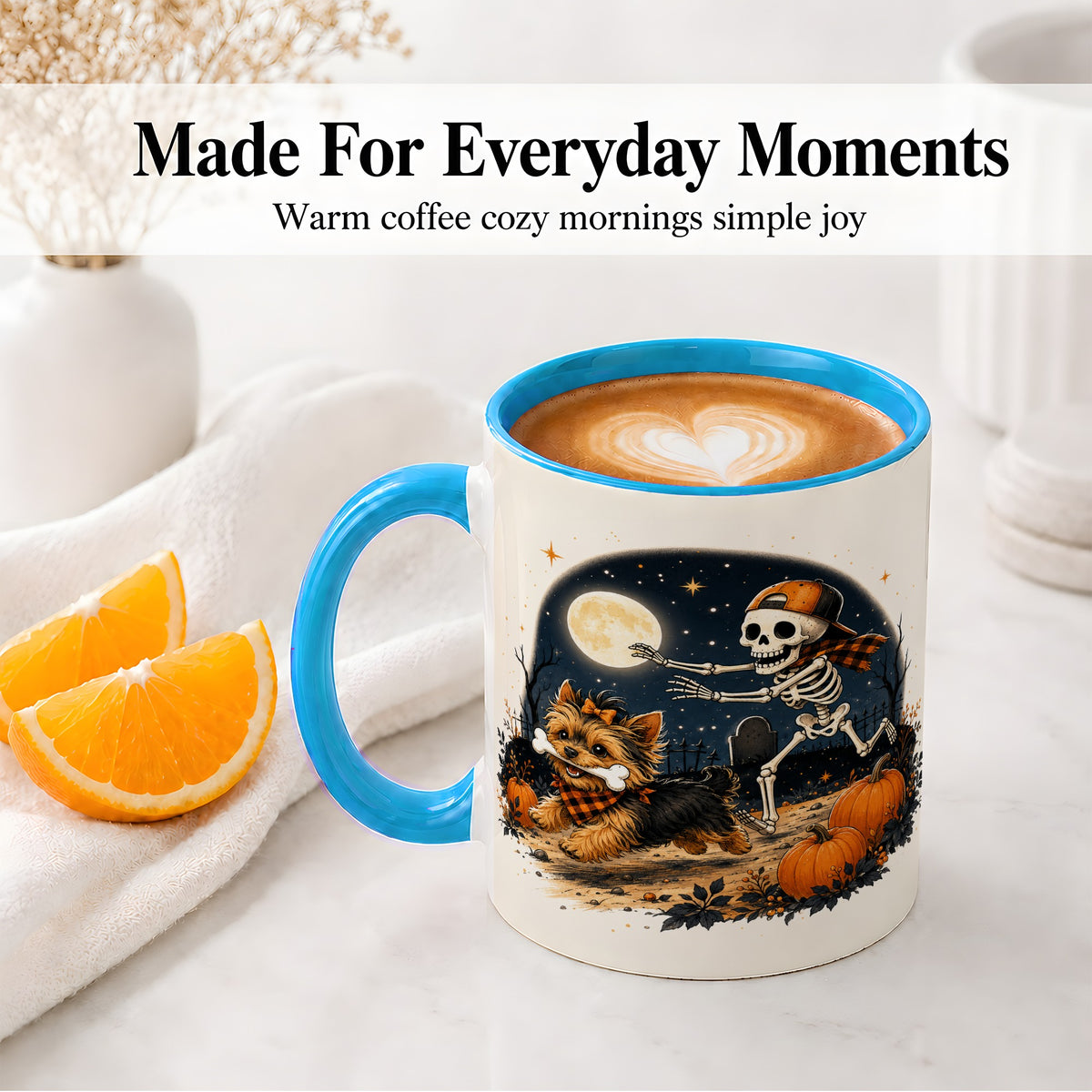 #pl[11oz|Blue] Midnight Yorkie Skeleton Ceramic Mug, Halloween Art for Dog Lovers