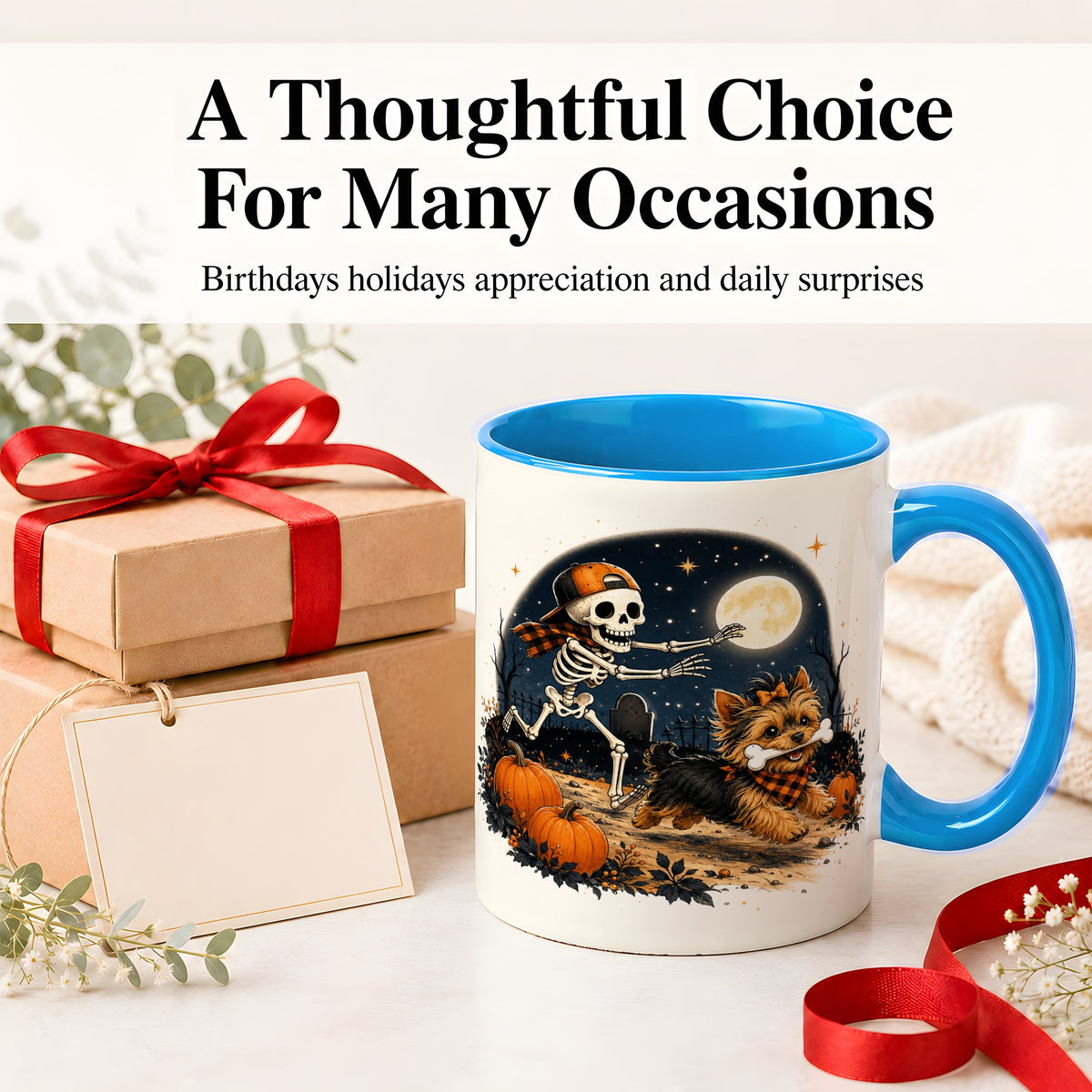 #pl[11oz|Blue] Midnight Yorkie Skeleton Ceramic Mug, Halloween Art for Dog Lovers