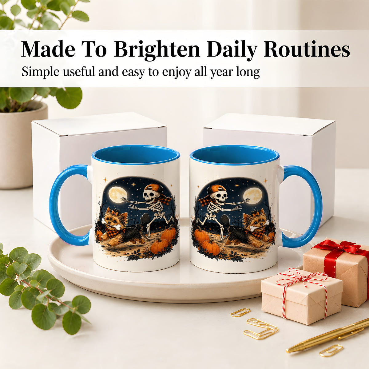 #pl[11oz|Blue] Midnight Yorkie Skeleton Ceramic Mug, Halloween Art for Dog Lovers