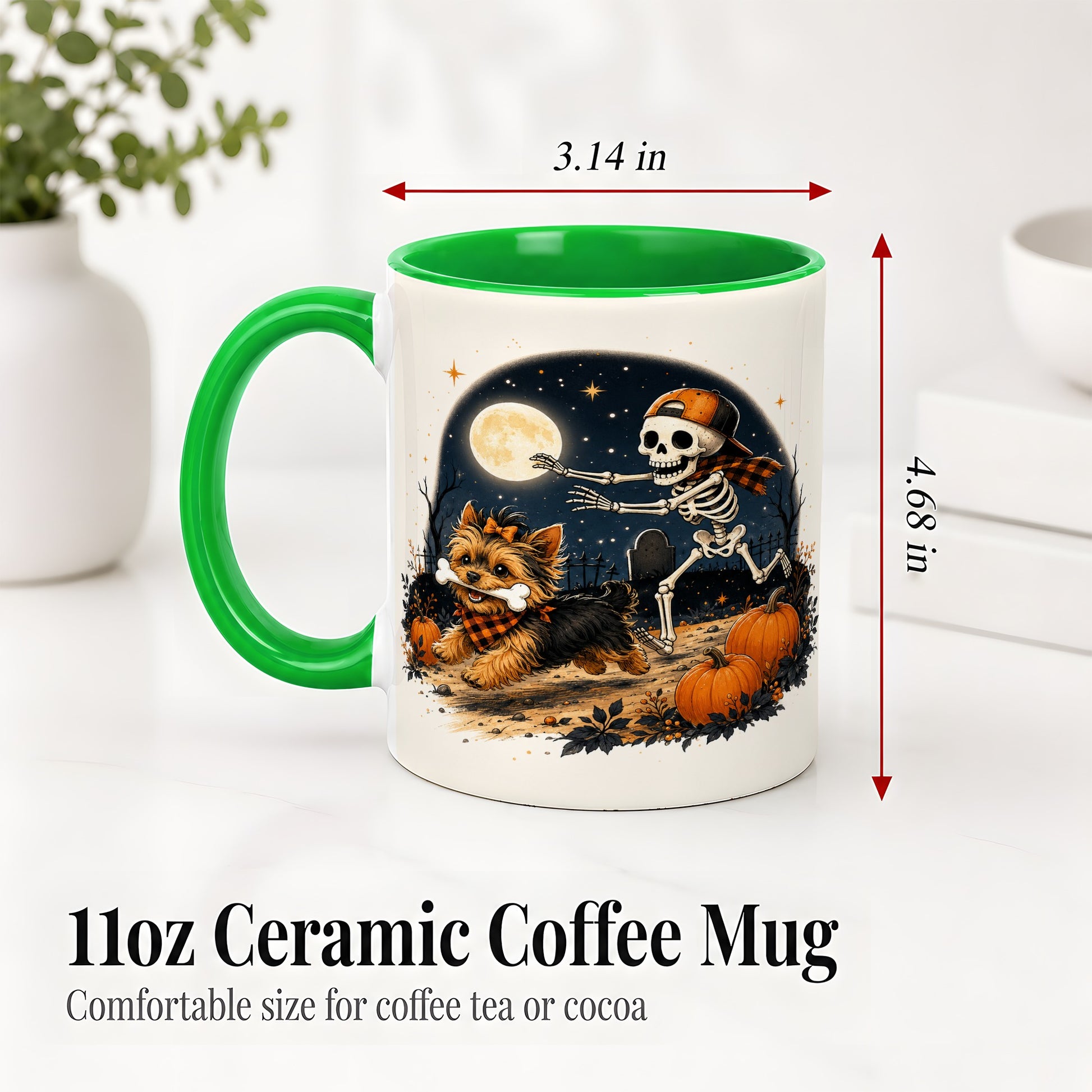 #pl[11oz|Green] Midnight Yorkie Skeleton Ceramic Mug, Halloween Art for Dog Lovers