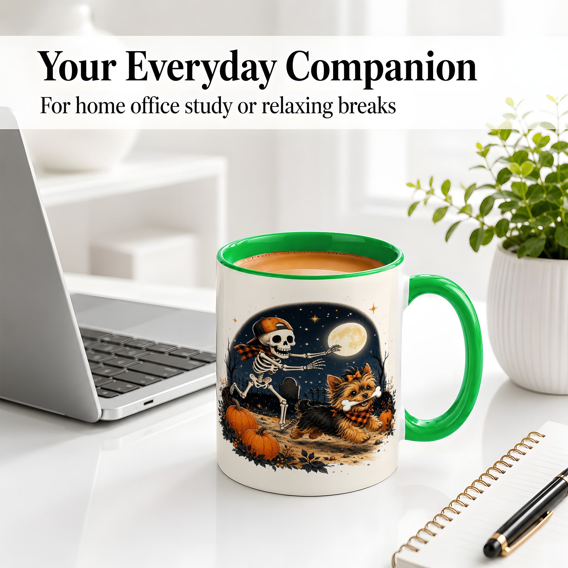 #pl[11oz|Green] Midnight Yorkie Skeleton Ceramic Mug, Halloween Art for Dog Lovers