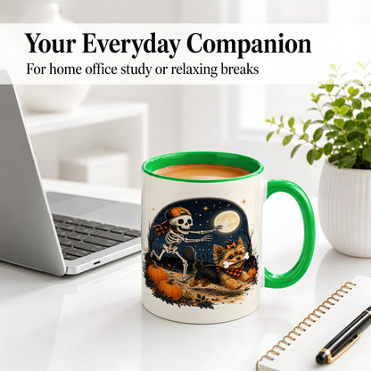 #pl[11oz|Green] Midnight Yorkie Skeleton Ceramic Mug, Halloween Art for Dog Lovers