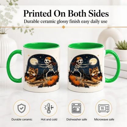 #pl[11oz|Green] Midnight Yorkie Skeleton Ceramic Mug, Halloween Art for Dog Lovers