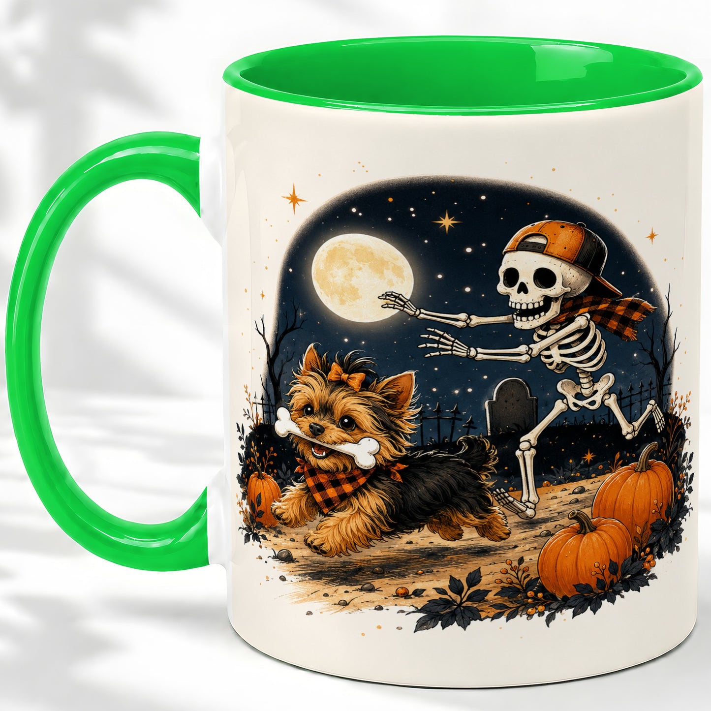 #pl[11oz|Green] Midnight Yorkie Skeleton Ceramic Mug, Halloween Art for Dog Lovers