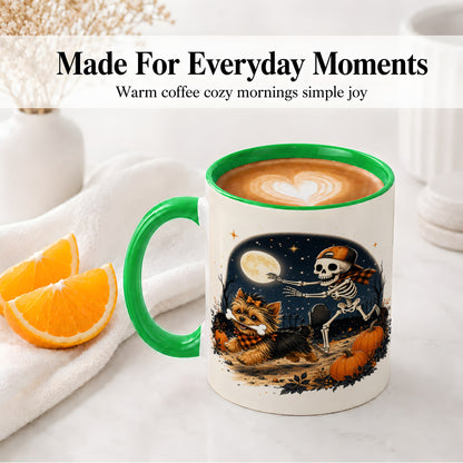 #pl[11oz|Green] Midnight Yorkie Skeleton Ceramic Mug, Halloween Art for Dog Lovers