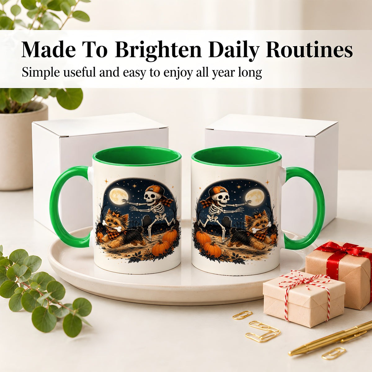 #pl[11oz|Green] Midnight Yorkie Skeleton Ceramic Mug, Halloween Art for Dog Lovers