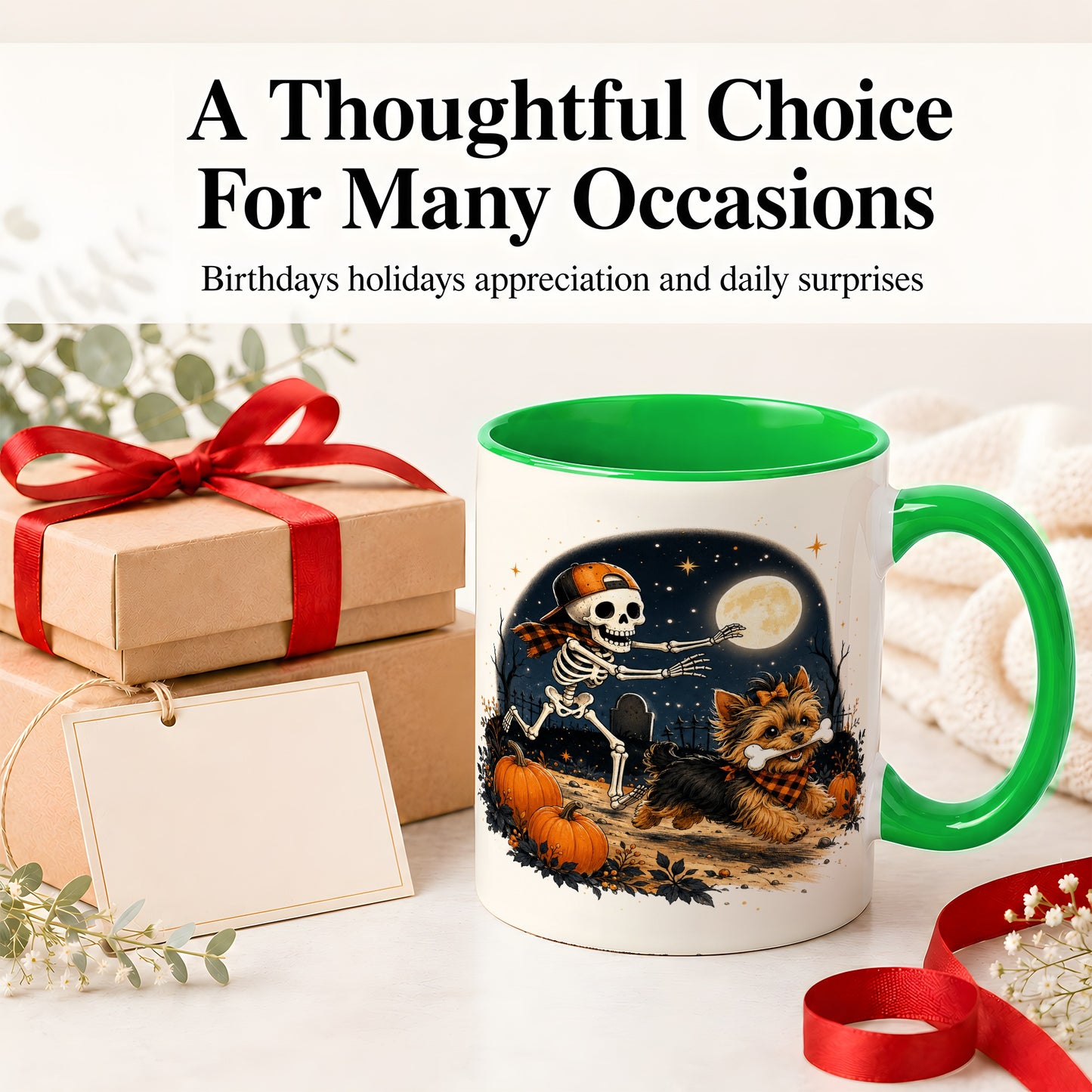 #pl[11oz|Green] Midnight Yorkie Skeleton Ceramic Mug, Halloween Art for Dog Lovers