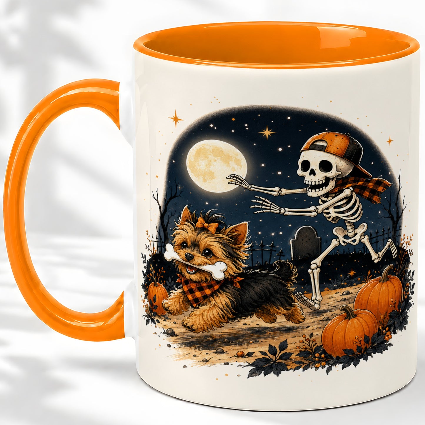 #pl[11oz|Orange] Midnight Yorkie Skeleton Ceramic Mug, Halloween Art for Dog Lovers