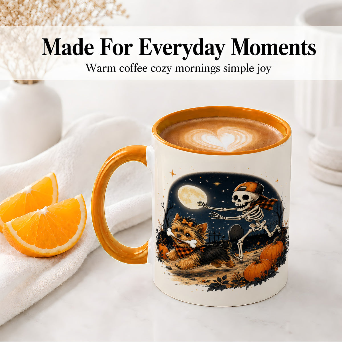 #pl[11oz|Orange] Midnight Yorkie Skeleton Ceramic Mug, Halloween Art for Dog Lovers
