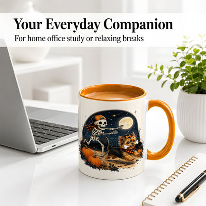 #pl[11oz|Orange] Midnight Yorkie Skeleton Ceramic Mug, Halloween Art for Dog Lovers