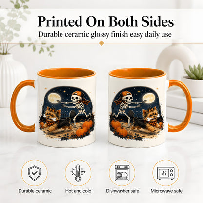 #pl[11oz|Orange] Midnight Yorkie Skeleton Ceramic Mug, Halloween Art for Dog Lovers