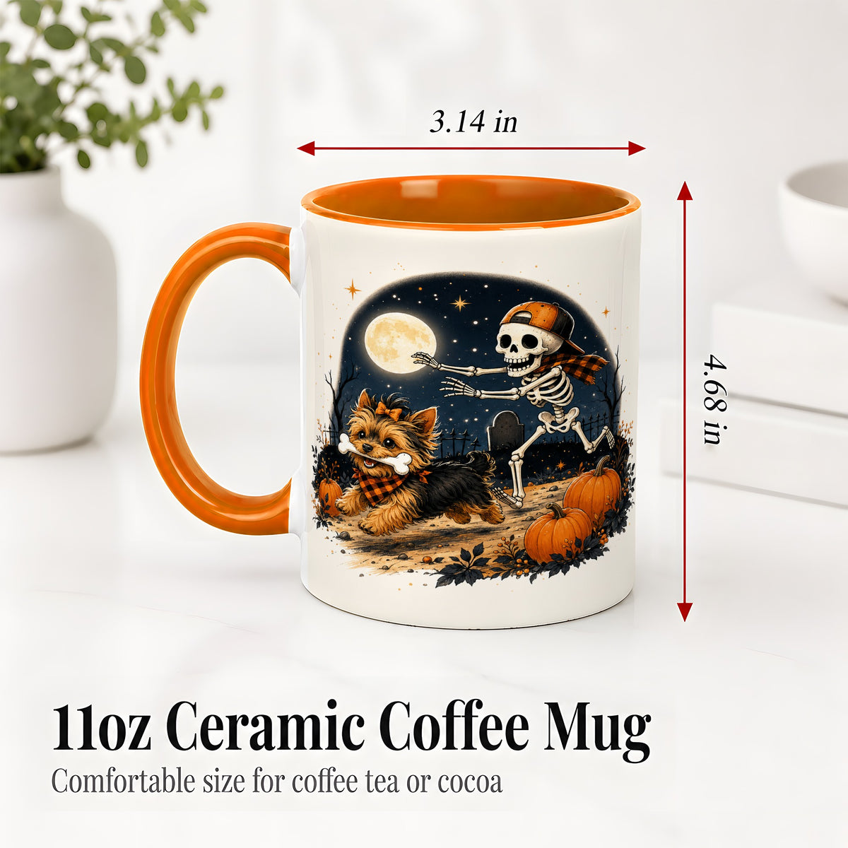 #pl[11oz|Orange] Midnight Yorkie Skeleton Ceramic Mug, Halloween Art for Dog Lovers