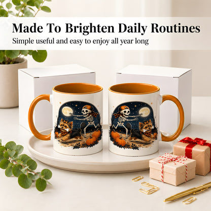 #pl[11oz|Orange] Midnight Yorkie Skeleton Ceramic Mug, Halloween Art for Dog Lovers