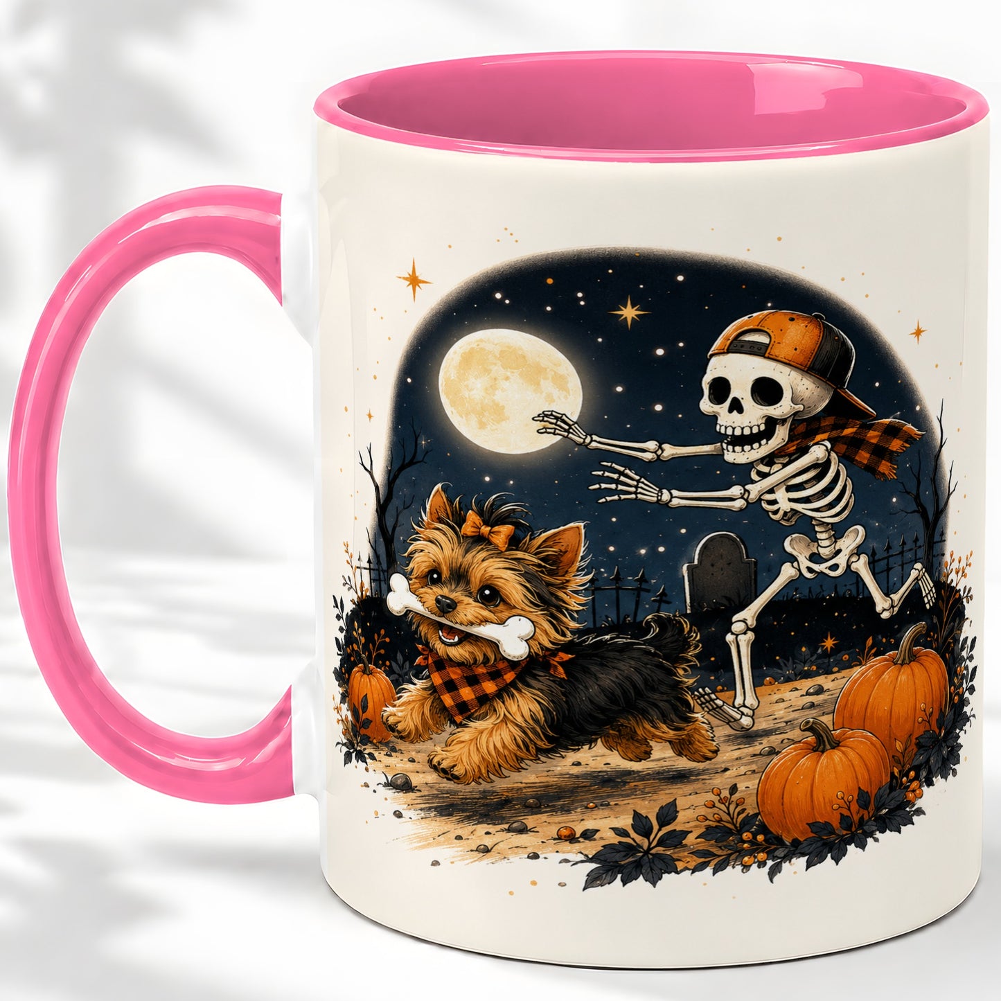 #pl[11oz|Pink] Midnight Yorkie Skeleton Ceramic Mug, Halloween Art for Dog Lovers