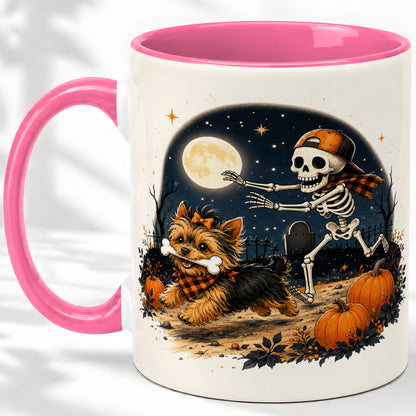 #pl[11oz|Pink] Midnight Yorkie Skeleton Ceramic Mug, Halloween Art for Dog Lovers