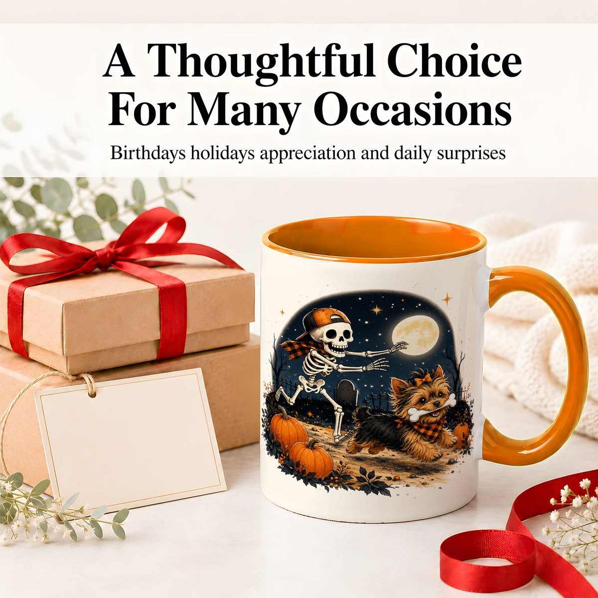 #pl[11oz|Orange] Midnight Yorkie Skeleton Ceramic Mug, Halloween Art for Dog Lovers
