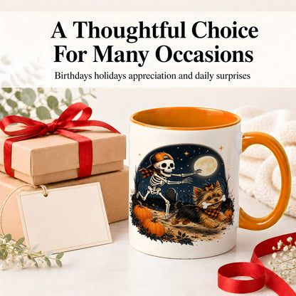 #pl[11oz|Orange] Midnight Yorkie Skeleton Ceramic Mug, Halloween Art for Dog Lovers