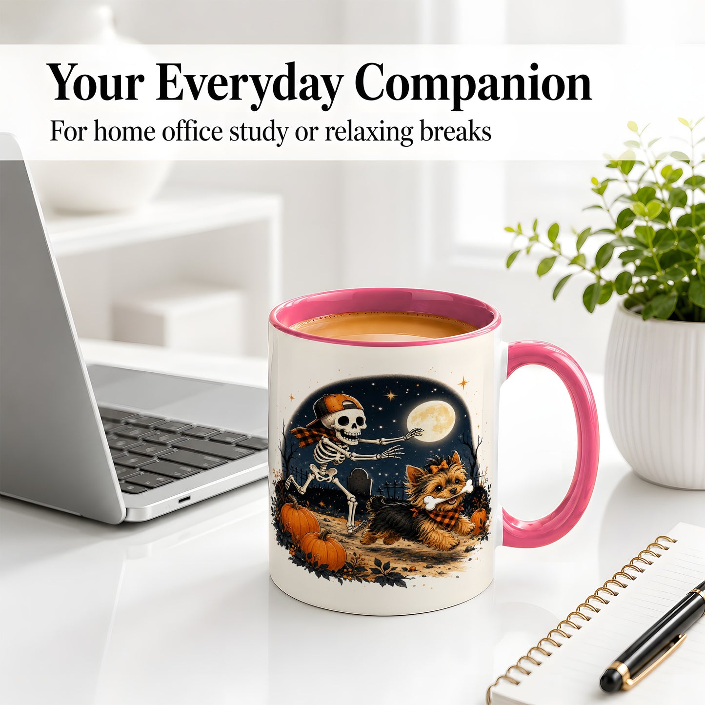 #pl[11oz|Pink] Midnight Yorkie Skeleton Ceramic Mug, Halloween Art for Dog Lovers