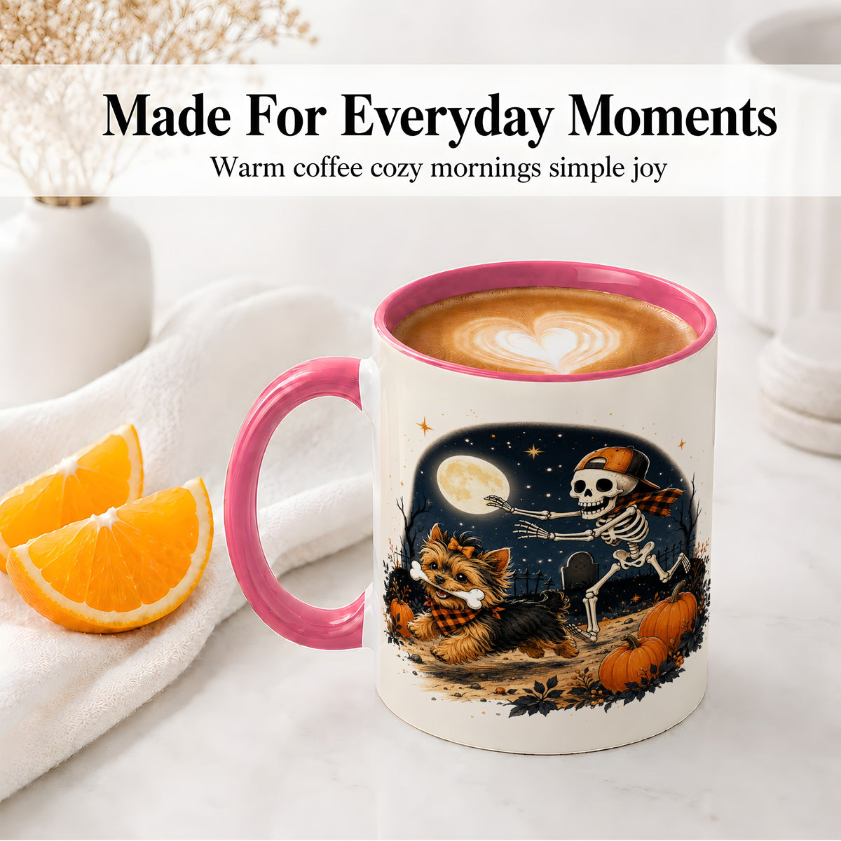 #pl[11oz|Pink] Midnight Yorkie Skeleton Ceramic Mug, Halloween Art for Dog Lovers
