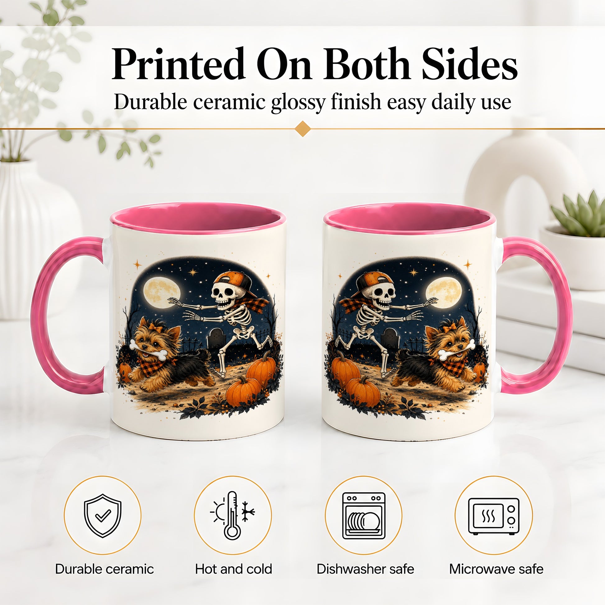 #pl[11oz|Pink] Midnight Yorkie Skeleton Ceramic Mug, Halloween Art for Dog Lovers