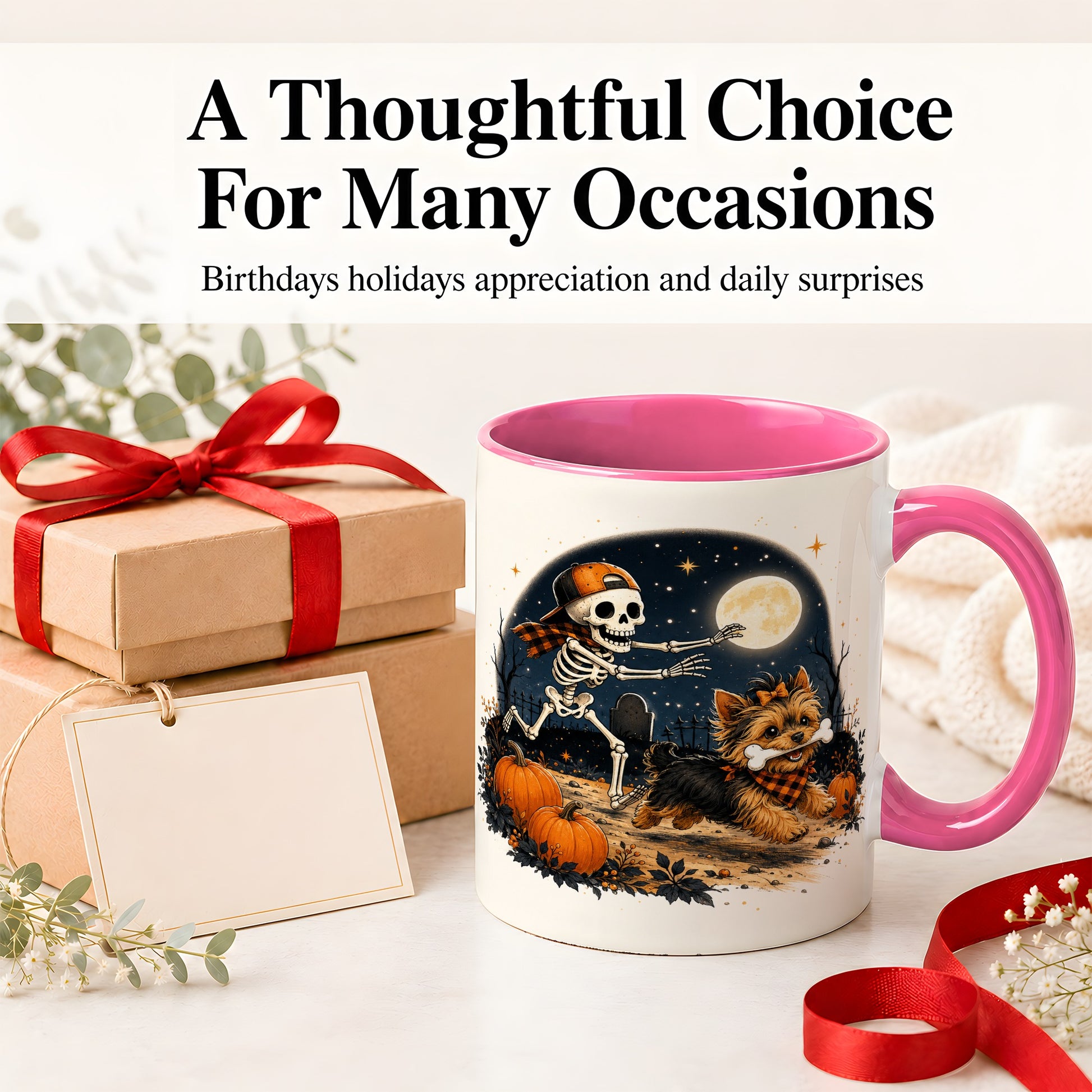 #pl[11oz|Pink] Midnight Yorkie Skeleton Ceramic Mug, Halloween Art for Dog Lovers