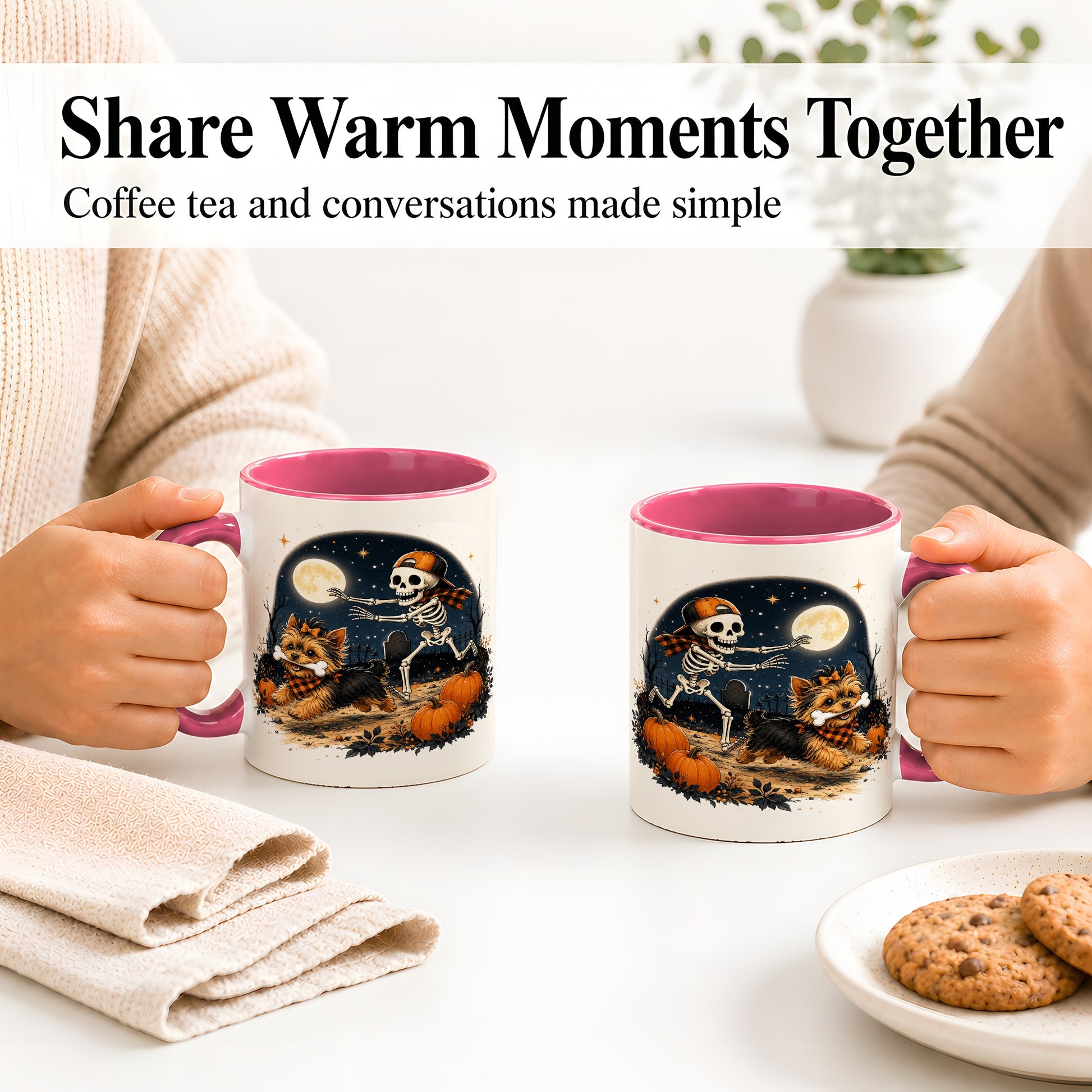 #pl[11oz|Pink] Midnight Yorkie Skeleton Ceramic Mug, Halloween Art for Dog Lovers