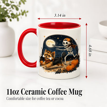 #pl[11oz|Red] Midnight Yorkie Skeleton Ceramic Mug, Halloween Art for Dog Lovers