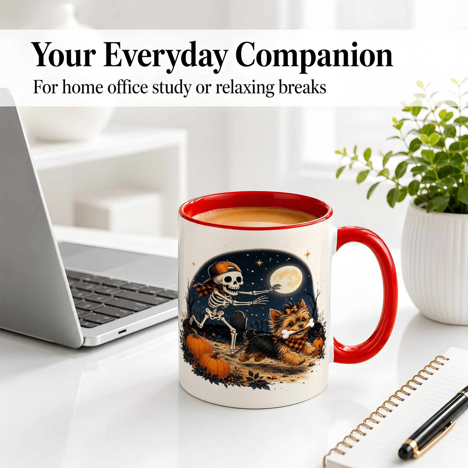 #pl[11oz|Red] Midnight Yorkie Skeleton Ceramic Mug, Halloween Art for Dog Lovers