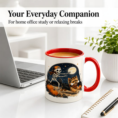 #pl[11oz|Red] Midnight Yorkie Skeleton Ceramic Mug, Halloween Art for Dog Lovers