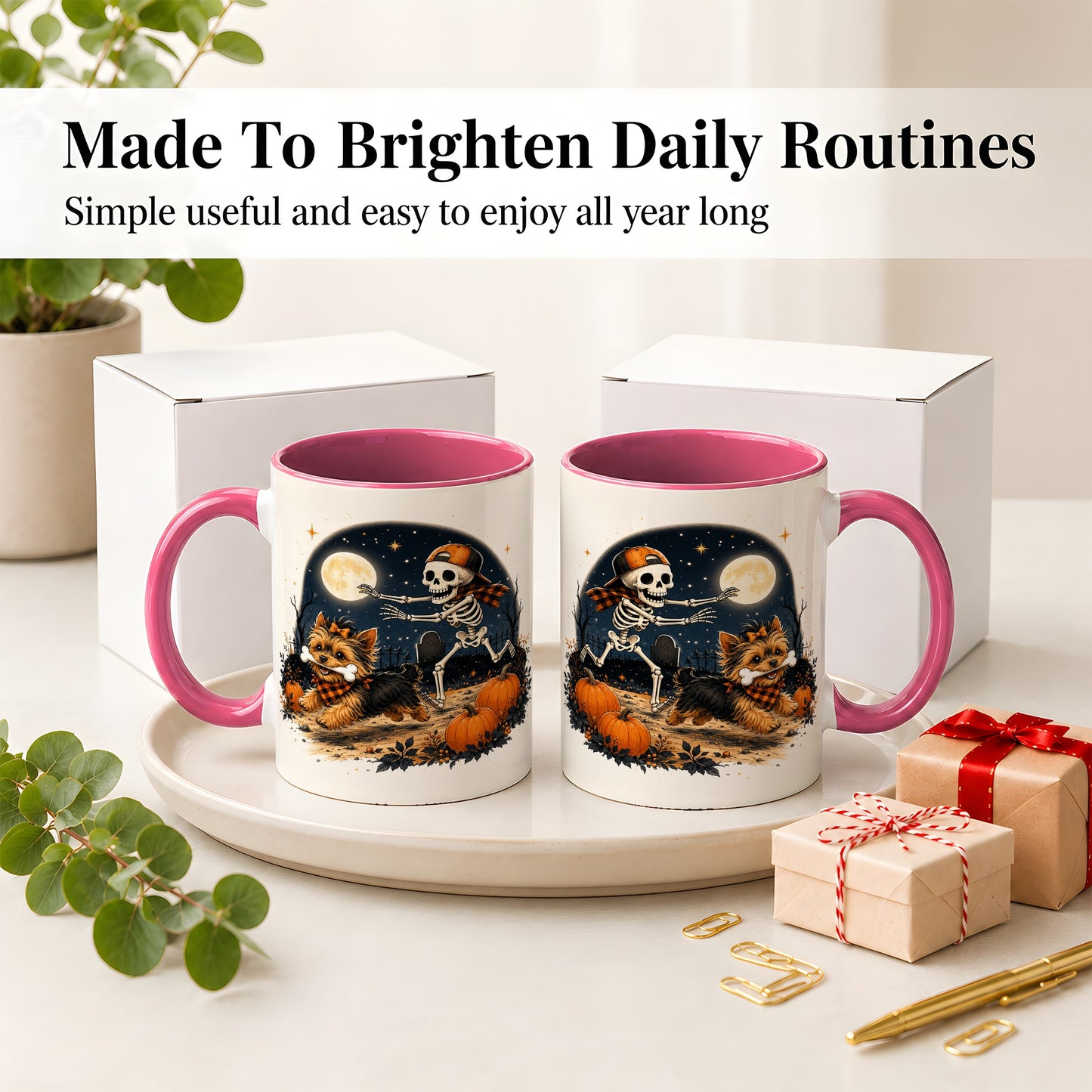 #pl[11oz|Pink] Midnight Yorkie Skeleton Ceramic Mug, Halloween Art for Dog Lovers