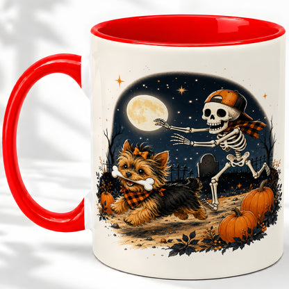 Midnight Yorkie Skeleton Ceramic Mug, Halloween Art for Dog Lovers