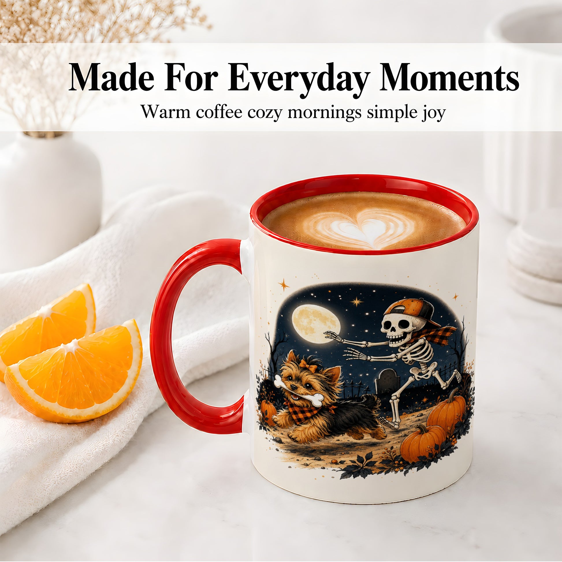 #pl[11oz|Red] Midnight Yorkie Skeleton Ceramic Mug, Halloween Art for Dog Lovers