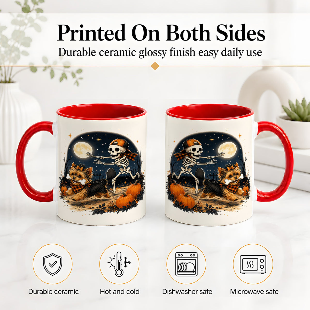 #pl[11oz|Red] Midnight Yorkie Skeleton Ceramic Mug, Halloween Art for Dog Lovers