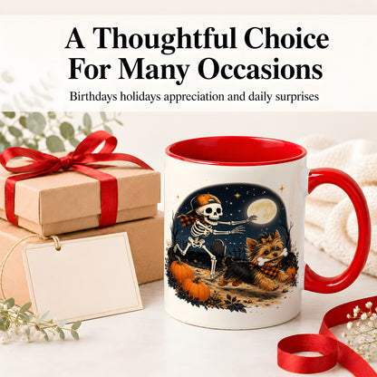 #pl[11oz|Red] Midnight Yorkie Skeleton Ceramic Mug, Halloween Art for Dog Lovers