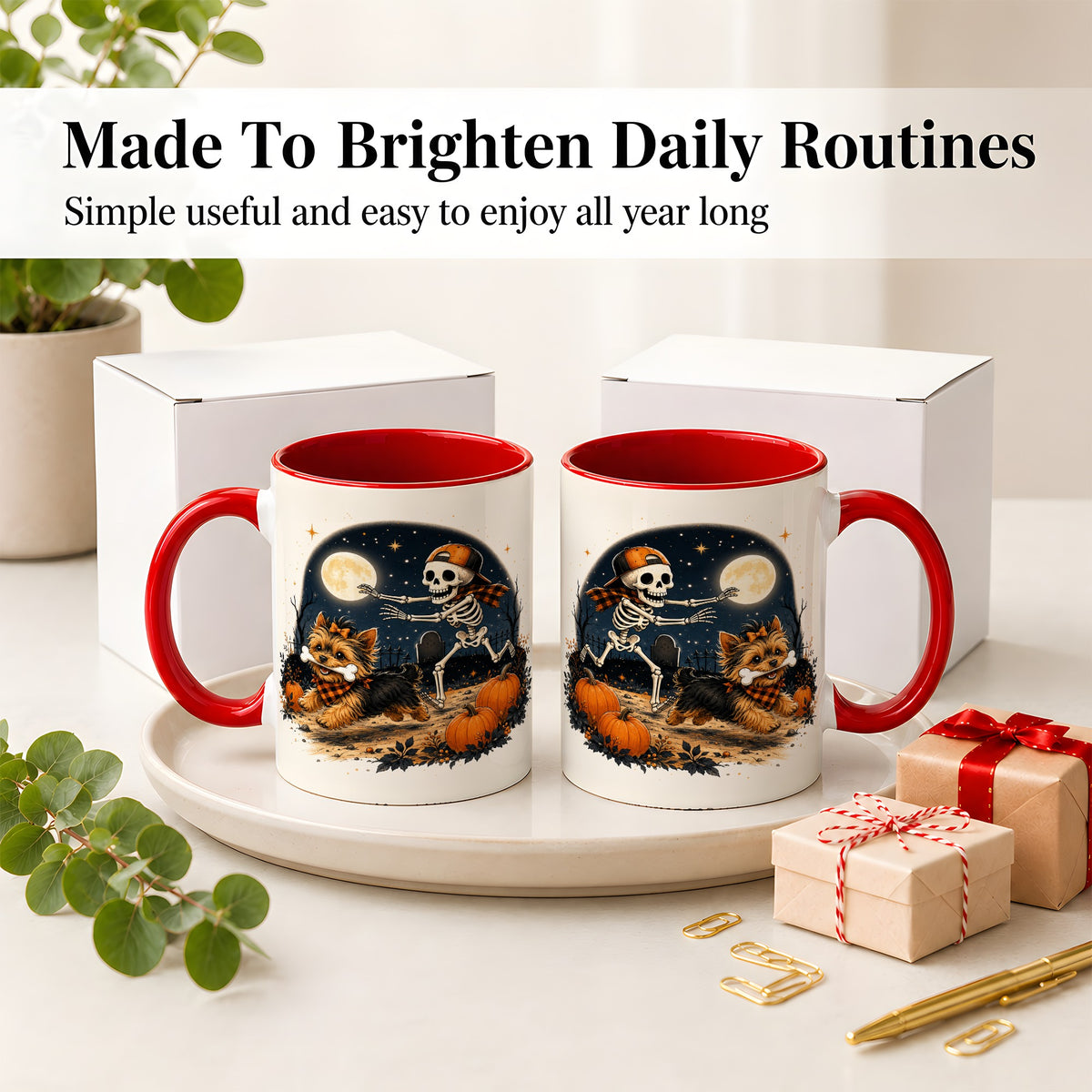 #pl[11oz|Red] Midnight Yorkie Skeleton Ceramic Mug, Halloween Art for Dog Lovers