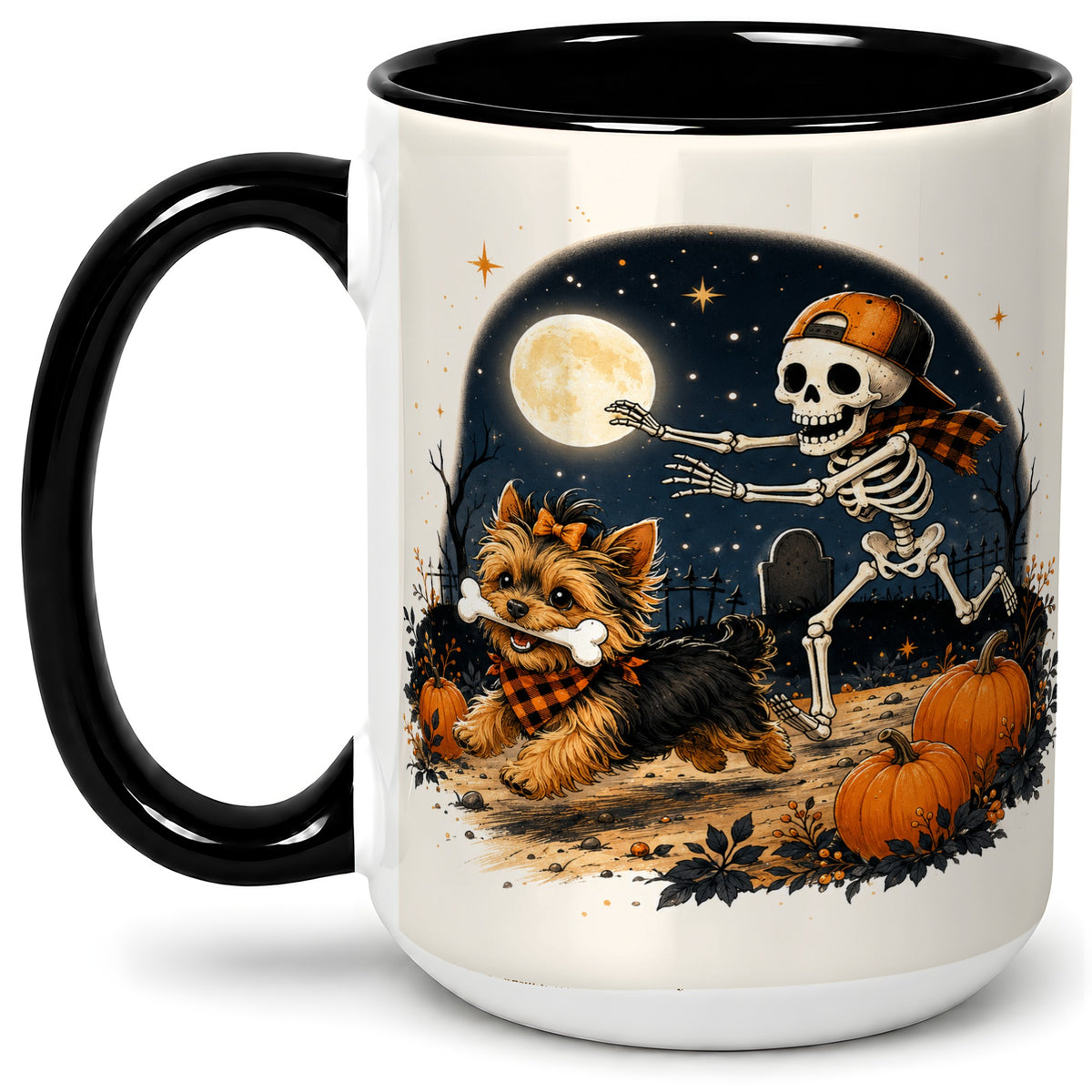 #pl[15oz|Black] Midnight Yorkie Skeleton Ceramic Mug, Halloween Art for Dog Lovers