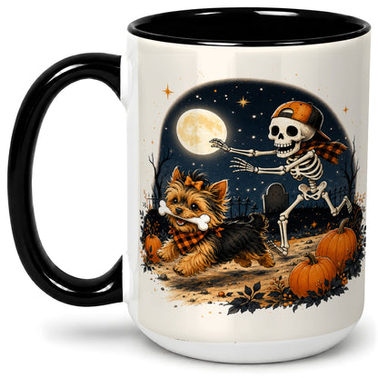 #pl[15oz|Black] Midnight Yorkie Skeleton Ceramic Mug, Halloween Art for Dog Lovers