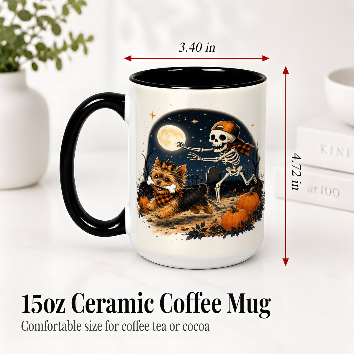 #pl[15oz|Black] Midnight Yorkie Skeleton Ceramic Mug, Halloween Art for Dog Lovers