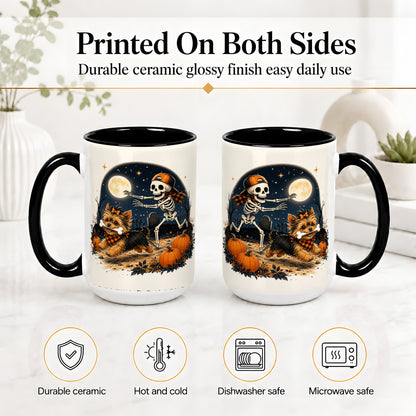 #pl[15oz|Black] Midnight Yorkie Skeleton Ceramic Mug, Halloween Art for Dog Lovers