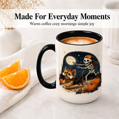 #pl[15oz|Black] Midnight Yorkie Skeleton Ceramic Mug, Halloween Art for Dog Lovers