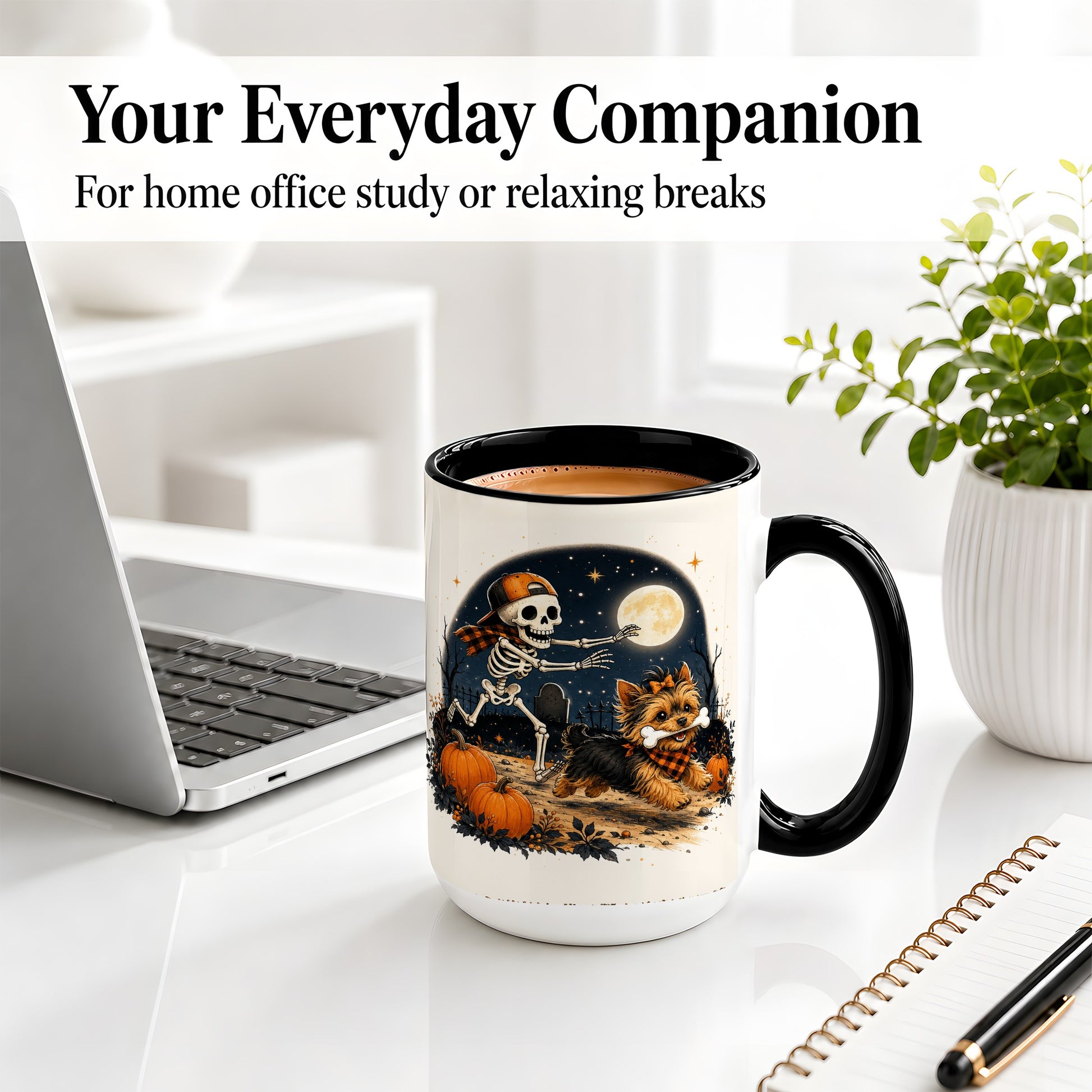 #pl[15oz|Black] Midnight Yorkie Skeleton Ceramic Mug, Halloween Art for Dog Lovers