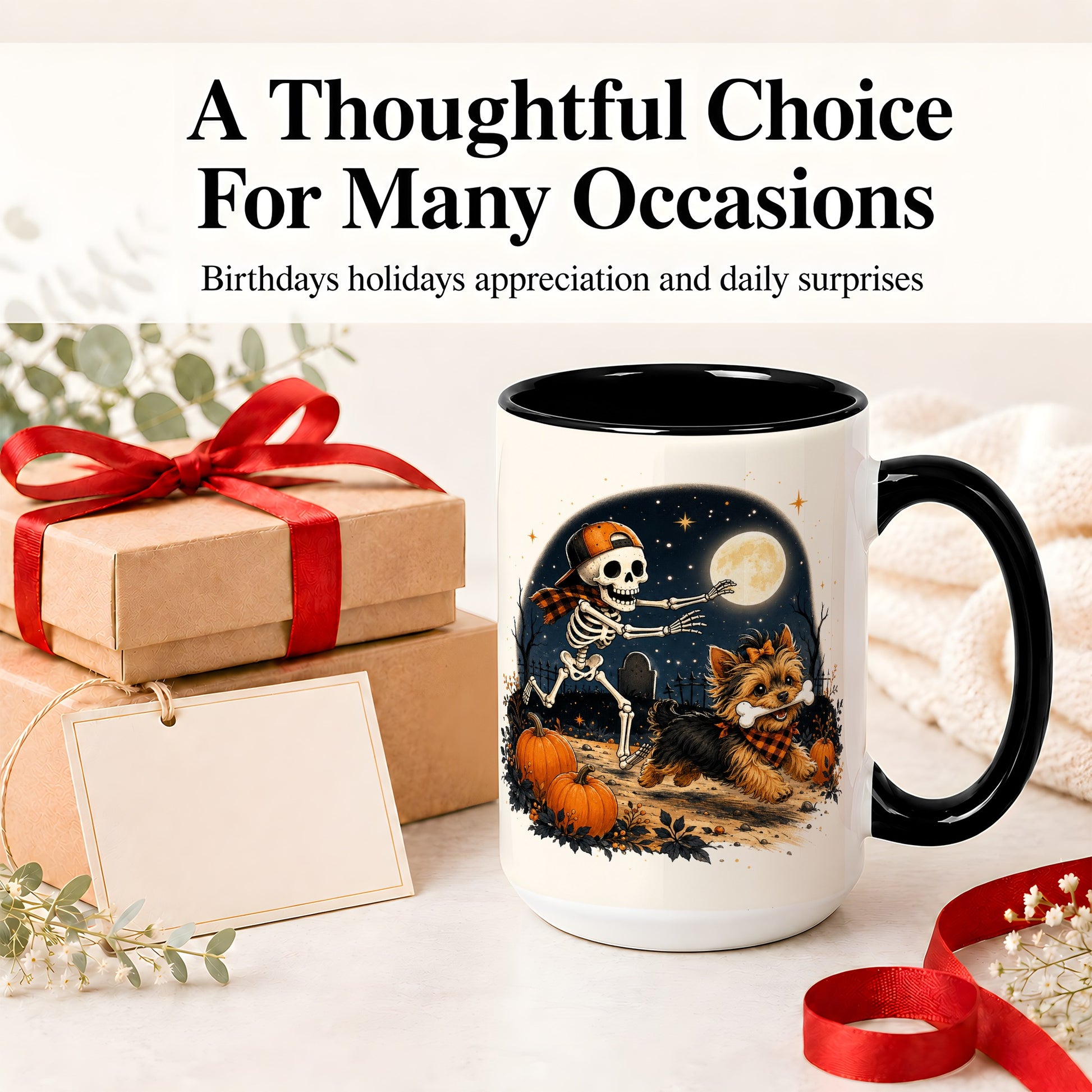 #pl[15oz|Black] Midnight Yorkie Skeleton Ceramic Mug, Halloween Art for Dog Lovers