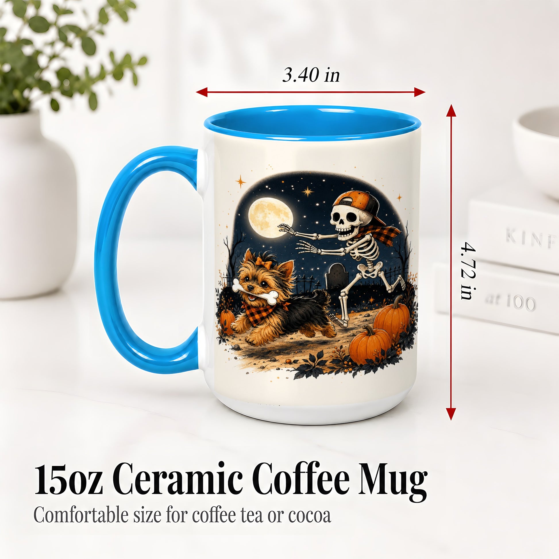 #pl[15oz|Blue] Midnight Yorkie Skeleton Ceramic Mug, Halloween Art for Dog Lovers