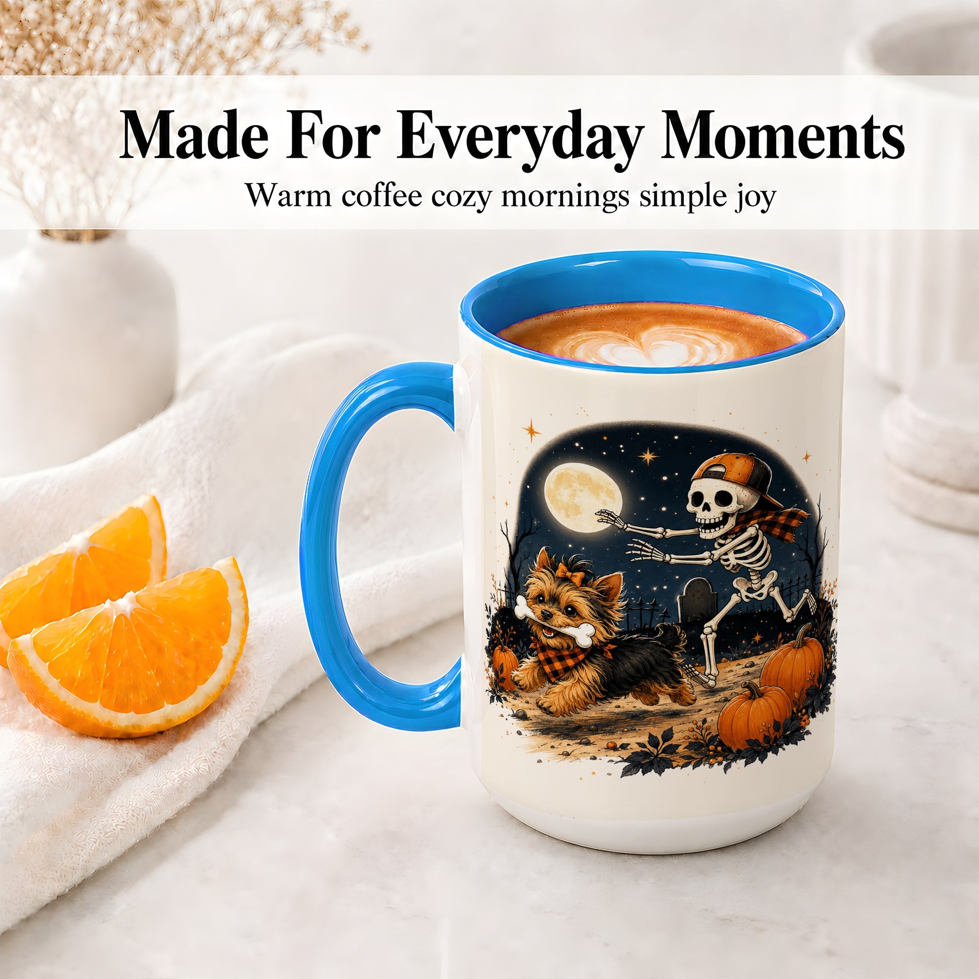 #pl[15oz|Blue] Midnight Yorkie Skeleton Ceramic Mug, Halloween Art for Dog Lovers