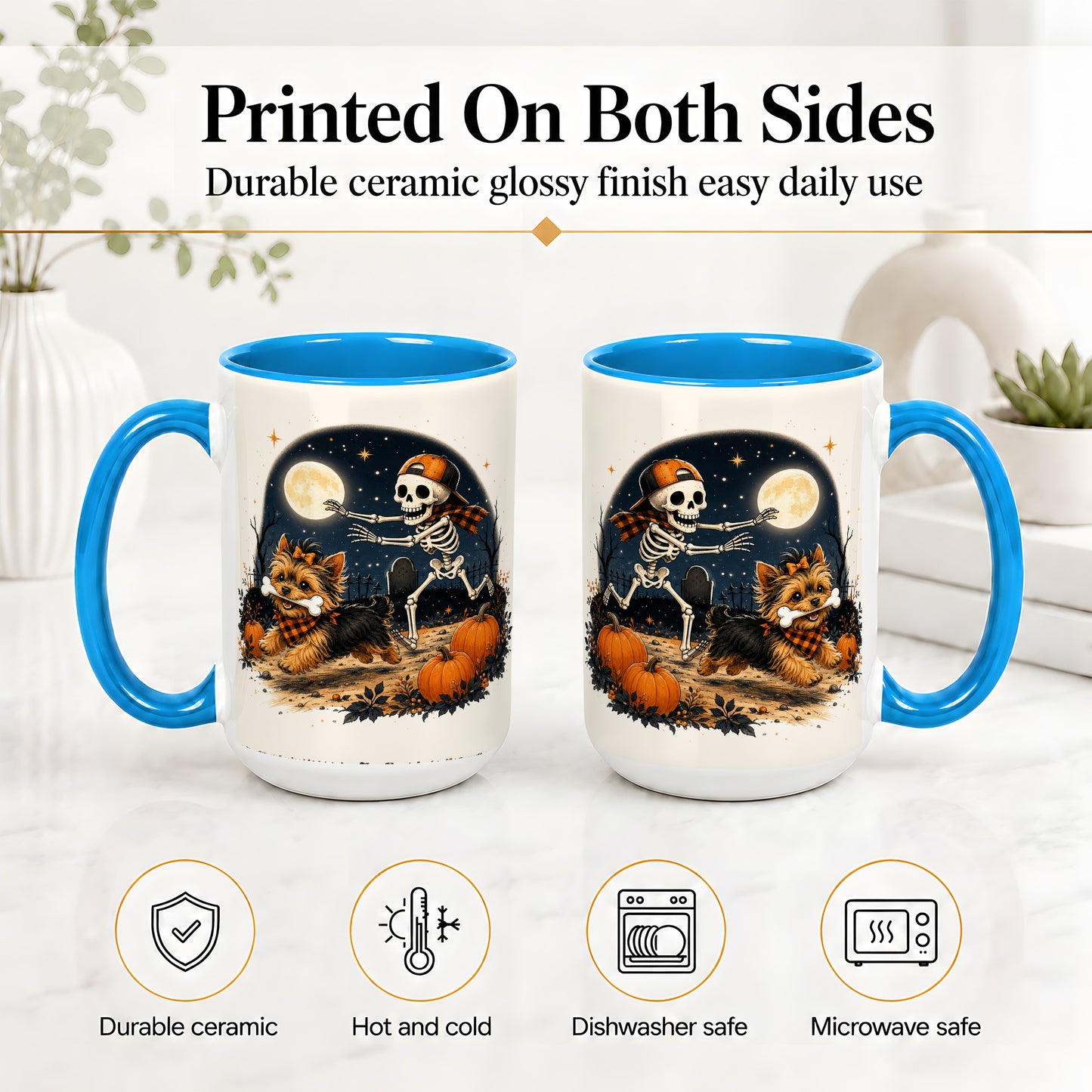 #pl[15oz|Blue] Midnight Yorkie Skeleton Ceramic Mug, Halloween Art for Dog Lovers